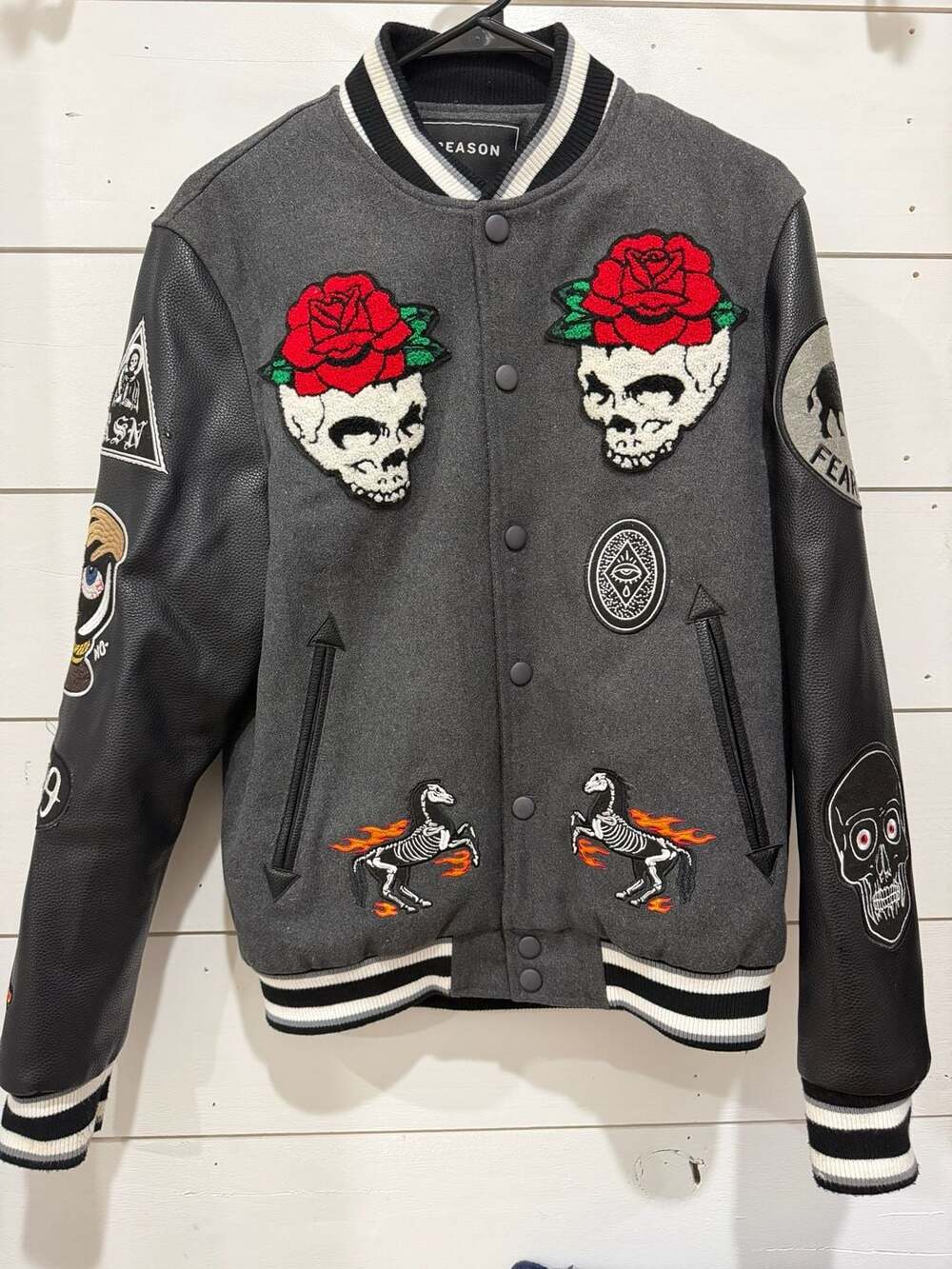 Reason Brand Fearless Varsity Jacket Dark Grey Patches Size S
